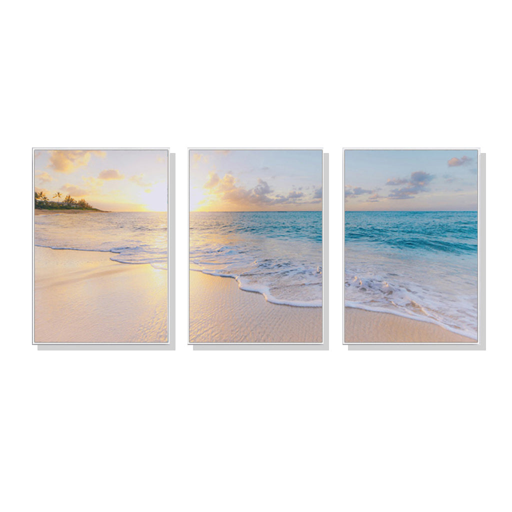 Ocean and Beach 3 Sets White Frame Canvas Wall Art - A Stylish and Relaxing Way to Add a Touch of Nature to Your Home