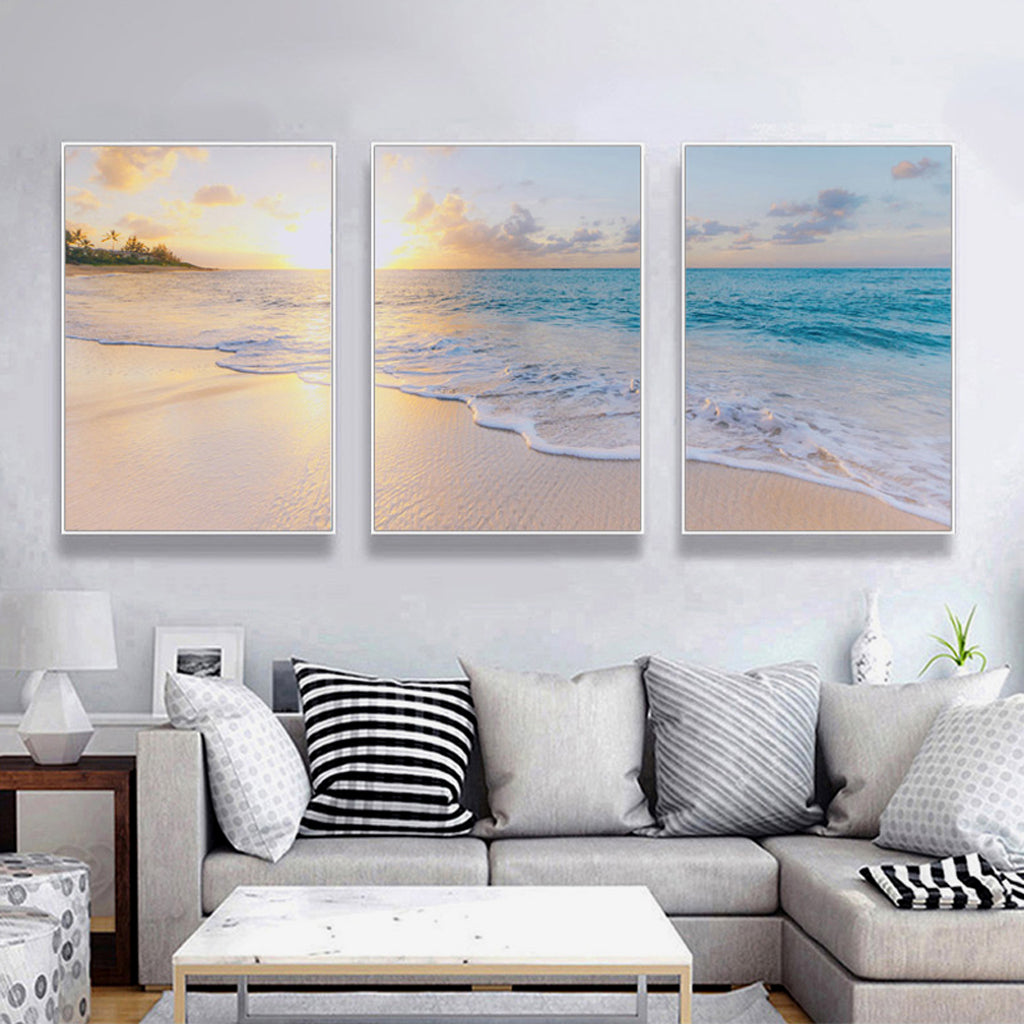 Ocean and Beach 3 Sets White Frame Canvas Wall Art - A Stylish and Relaxing Way to Add a Touch of Nature to Your Home