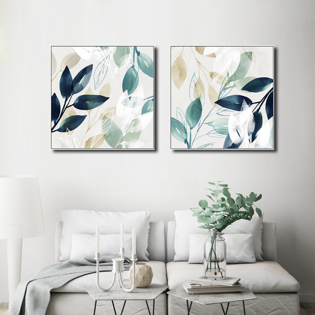 50cmx50cm Charming Watercolor Style Leaves 2 Sets White Frame Canvas Wall Art - A Serene and Relaxing Piece of Art for Your Home