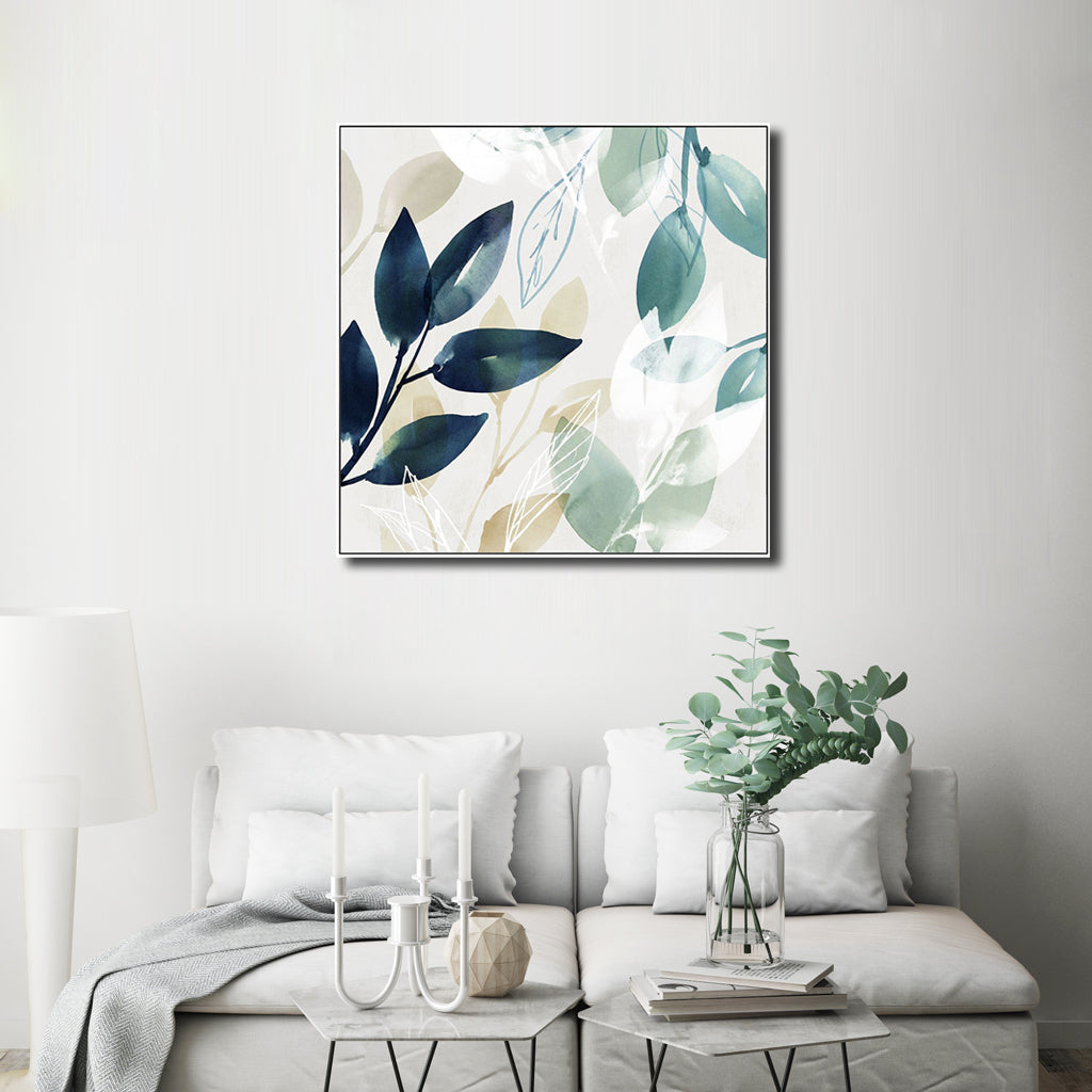 50cmx50cm Charming Watercolor Style Leaves 2 Sets White Frame Canvas Wall Art - A Serene and Relaxing Piece of Art for Your Home