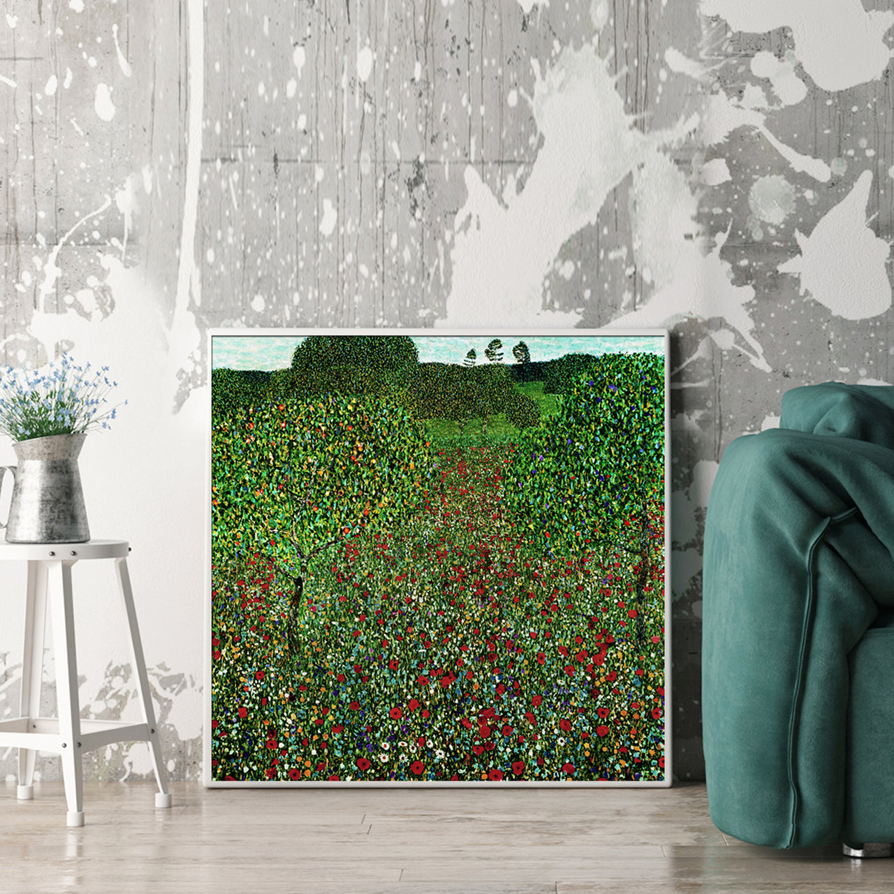 50cmx50cm Field of Poppies by Gustav Klimt White Frame Canvas Wall Art - A Sensual and Mysterious Piece of Art Inspired by the Works of Gustav Klimt