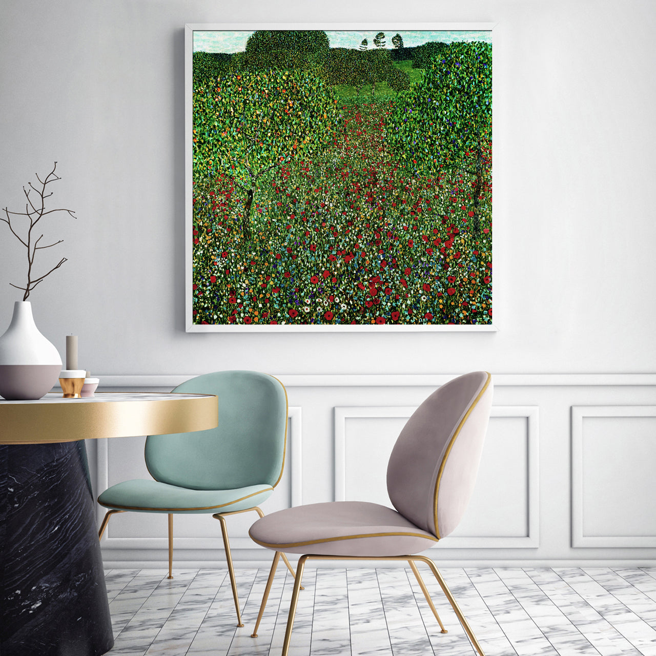 50cmx50cm Field of Poppies by Gustav Klimt White Frame Canvas Wall Art - A Sensual and Mysterious Piece of Art Inspired by the Works of Gustav Klimt