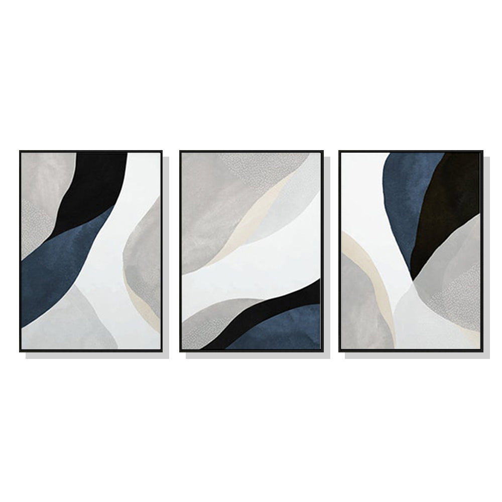 50cm x 70cm Abstract Navy Blue Triptych Canvas Wall Art: Contemporary 3-Piece Set with Sleek Black Frame for Sophisticated Home Ensemble