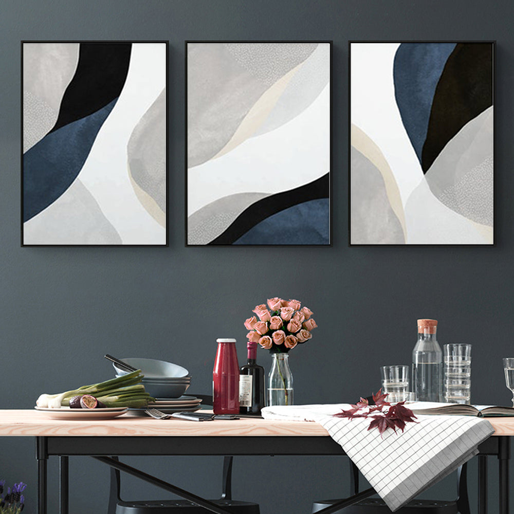 50cm x 70cm Abstract Navy Blue Triptych Canvas Wall Art: Contemporary 3-Piece Set with Sleek Black Frame for Sophisticated Home Ensemble