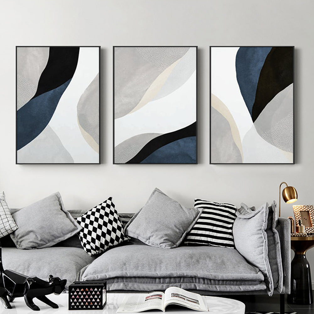 50cm x 70cm Abstract Navy Blue Triptych Canvas Wall Art: Contemporary 3-Piece Set with Sleek Black Frame for Sophisticated Home Ensemble