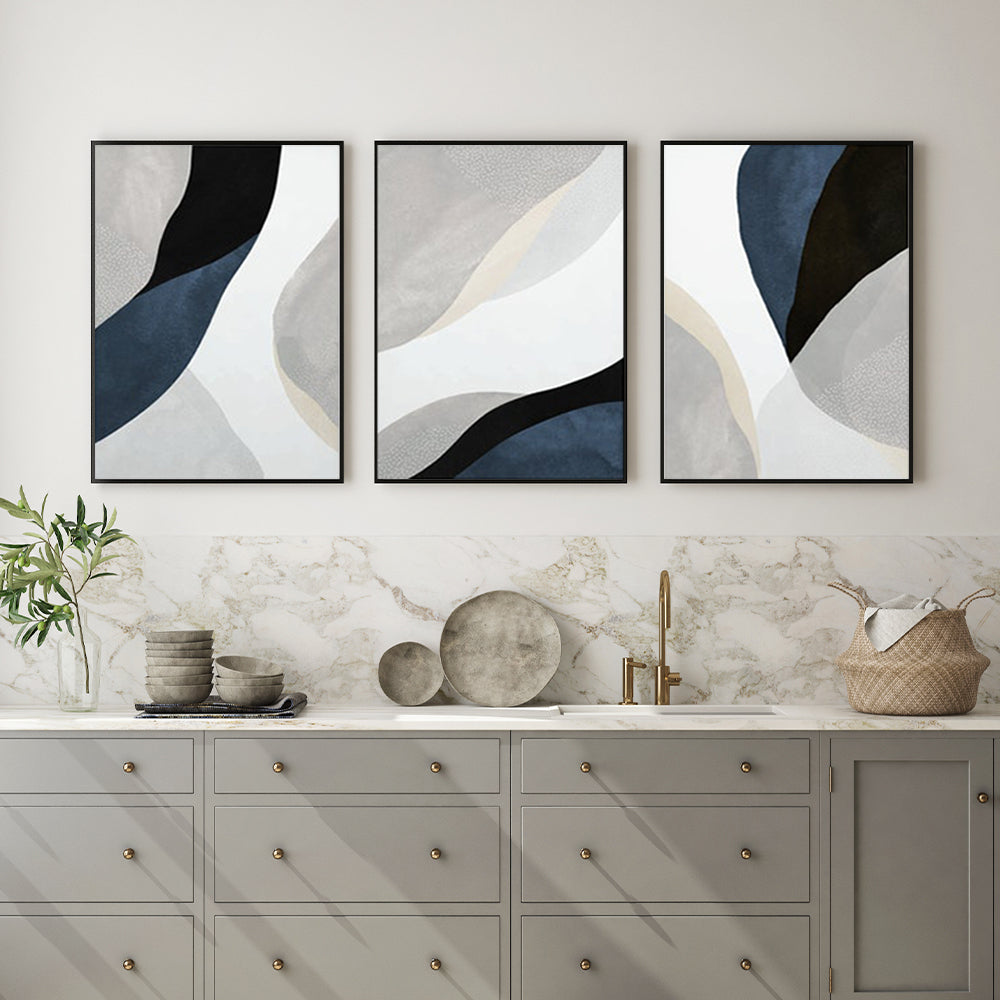 50cm x 70cm Abstract Navy Blue Triptych Canvas Wall Art: Contemporary 3-Piece Set with Sleek Black Frame for Sophisticated Home Ensemble