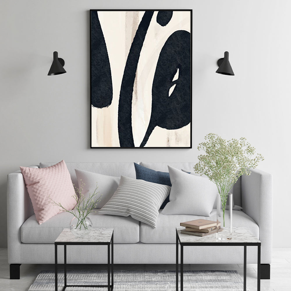 50cm x 70cm Black Ink Canvas Wall Art: Fluid Artistry with Sleek Black Frame for Modern Home Decor Depth