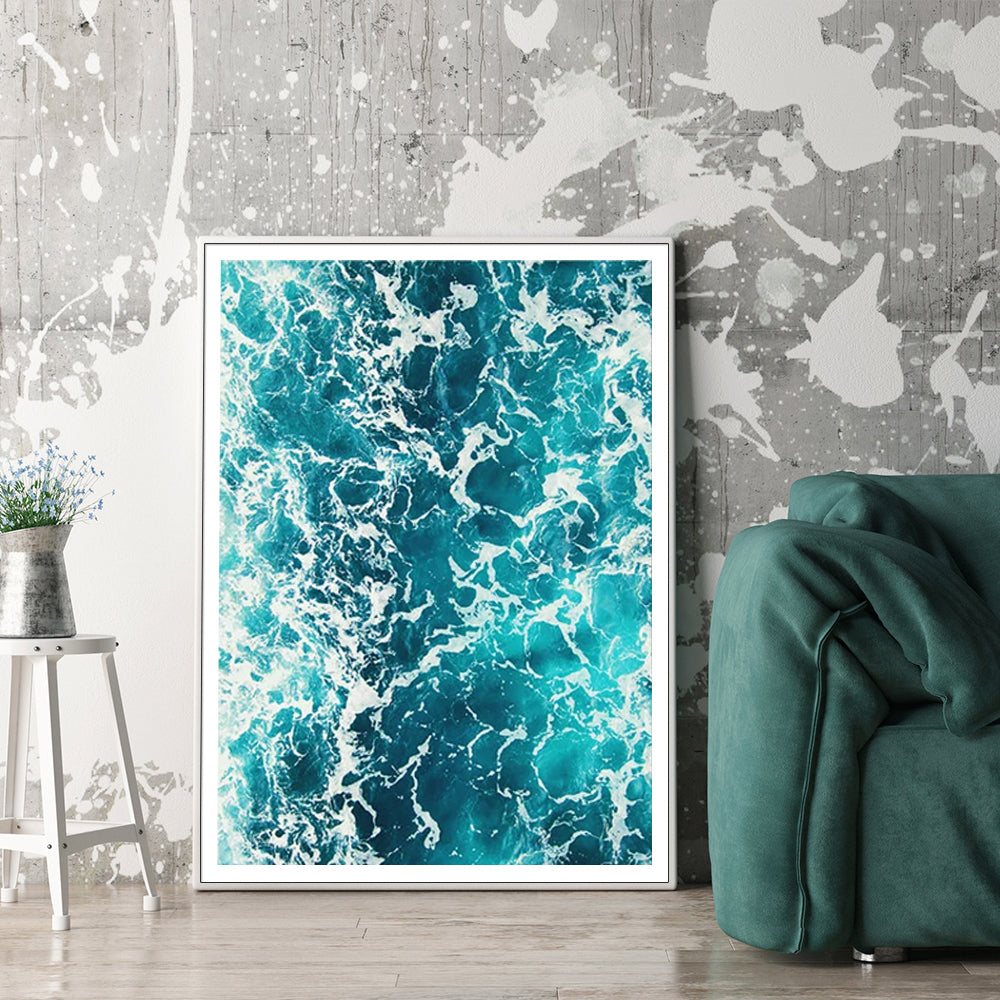 50cm x 70cm Blue Ocean Canvas Wall Art: Serene Seascape with Crisp White Frame for Calming Home Retreat