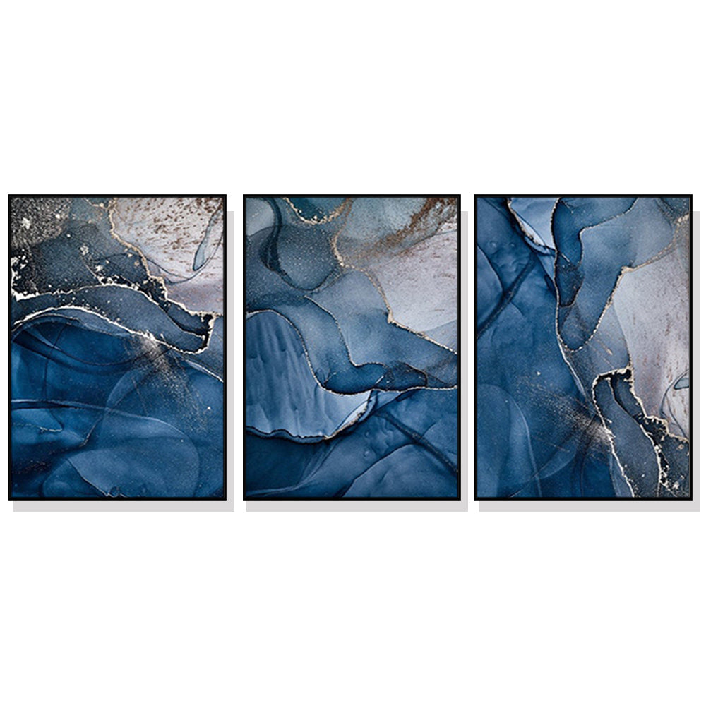 50cm x 70cm Blue Gold Marble Triptych Canvas Wall Art: Luxurious 3-Piece Set with Sleek Black Frame for Opulent Home Ambiance