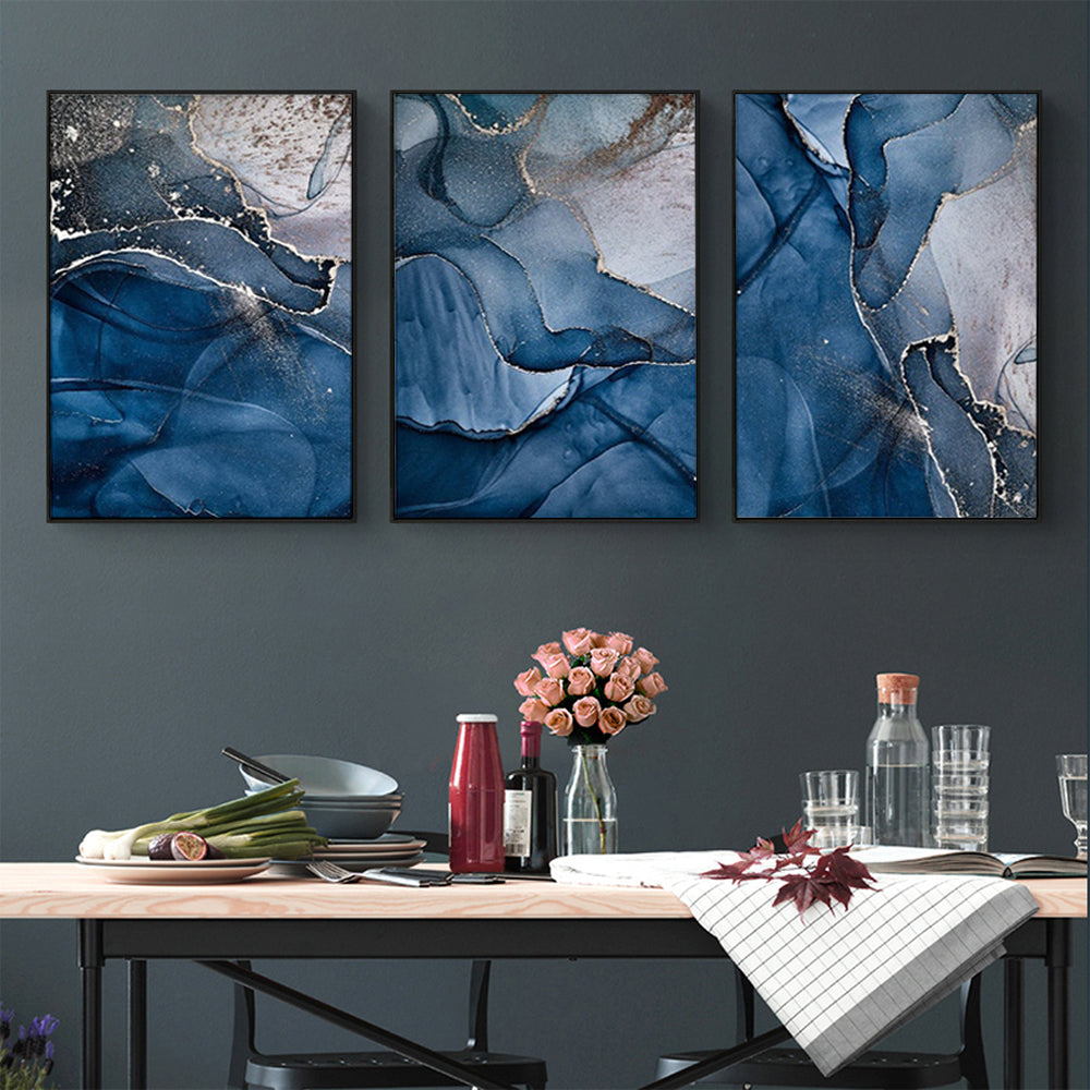 50cm x 70cm Blue Gold Marble Triptych Canvas Wall Art: Luxurious 3-Piece Set with Sleek Black Frame for Opulent Home Ambiance