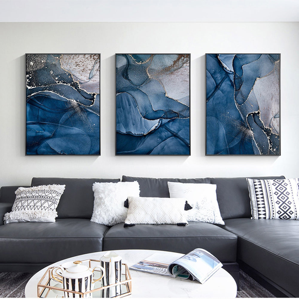 50cm x 70cm Blue Gold Marble Triptych Canvas Wall Art: Luxurious 3-Piece Set with Sleek Black Frame for Opulent Home Ambiance