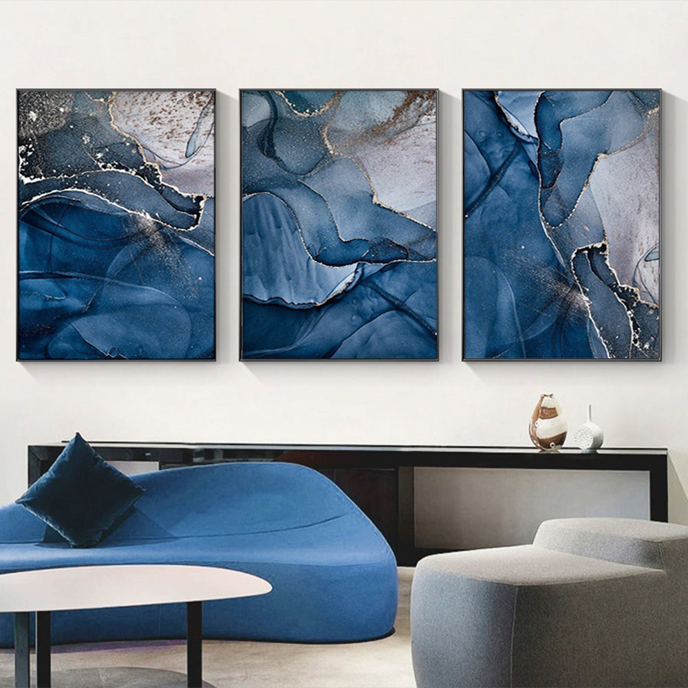 50cm x 70cm Blue Gold Marble Triptych Canvas Wall Art: Luxurious 3-Piece Set with Sleek Black Frame for Opulent Home Ambiance