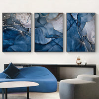 Thumbnail for 50cm x 70cm Blue Gold Marble Triptych Canvas Wall Art: Luxurious 3-Piece Set with Sleek Black Frame for Opulent Home Ambiance