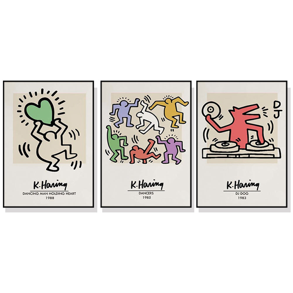 60cmx90cm Keith Haring Pop Art 3 Sets Black Frame Canvas Wall Art