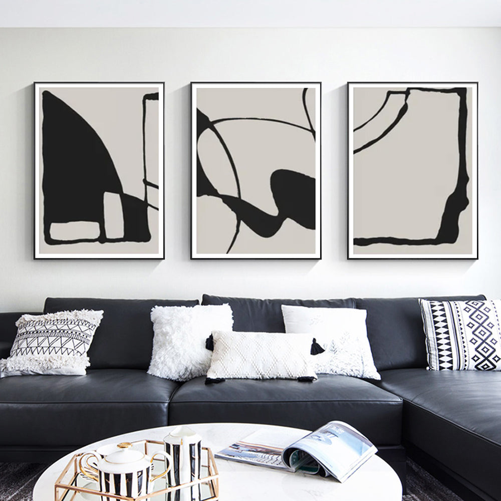 Black and Beige Abstract Canvas Wall Art Set of 3 with Black Frame (40cm x 60cm)