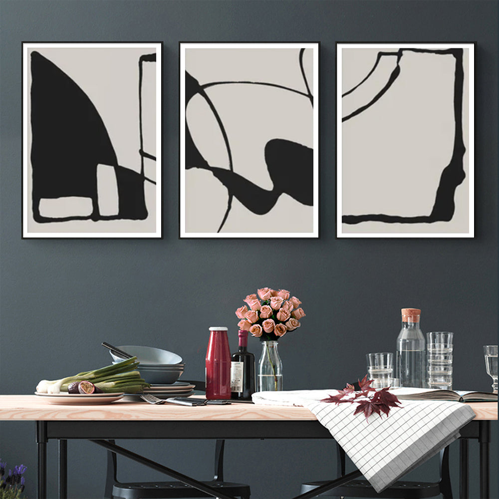 Black and Beige Abstract Canvas Wall Art Set of 3 with Black Frame (40cm x 60cm)