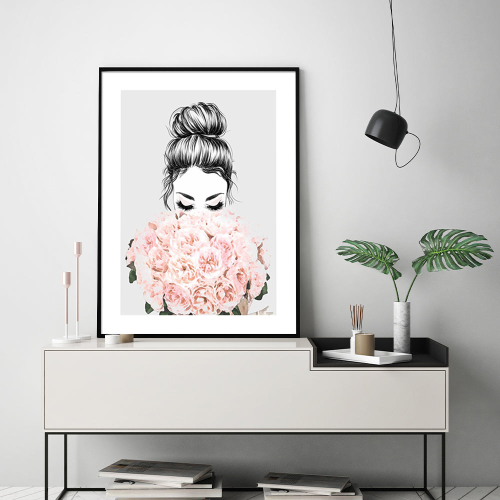 70cmx100cm Roses Girl Black Frame Canvas Wall Art