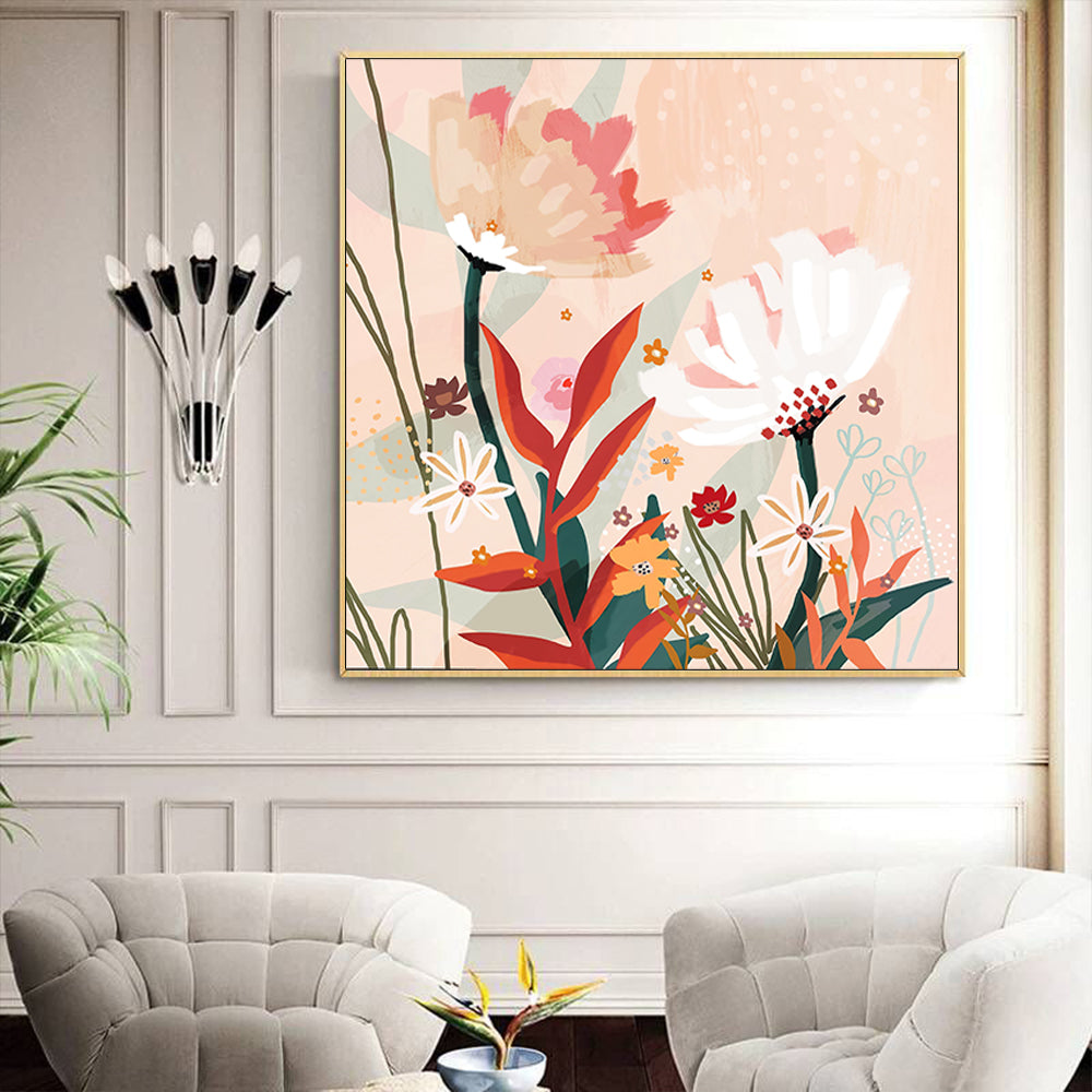 50cmx50cm Native Floral Canvas Wall Art with Gold Frame - A Charming and Elegant Piece of Art for Your Home