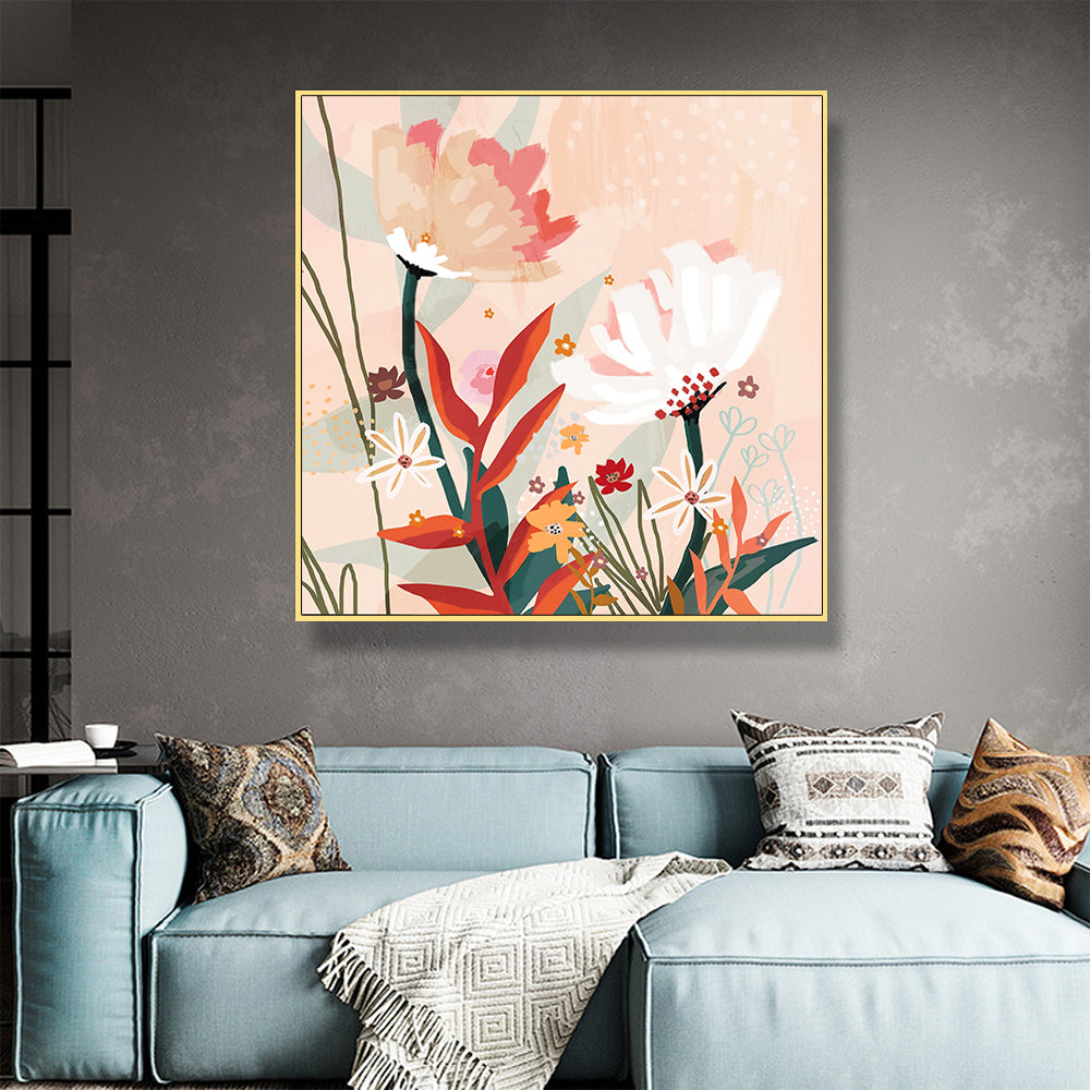 50cmx50cm Native Floral Canvas Wall Art with Gold Frame - A Charming and Elegant Piece of Art for Your Home