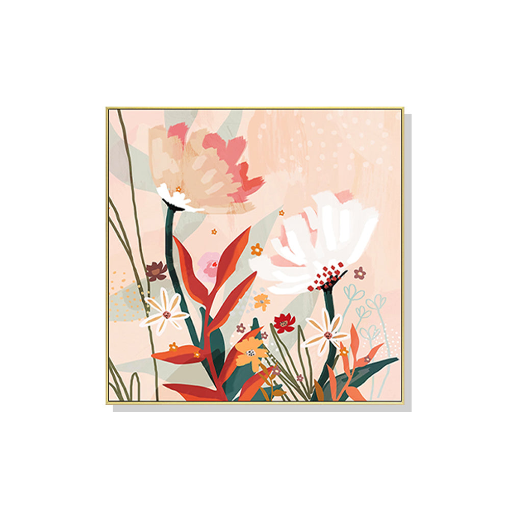 60cmx60cm Native Floral Gold Frame Canvas Wall Art