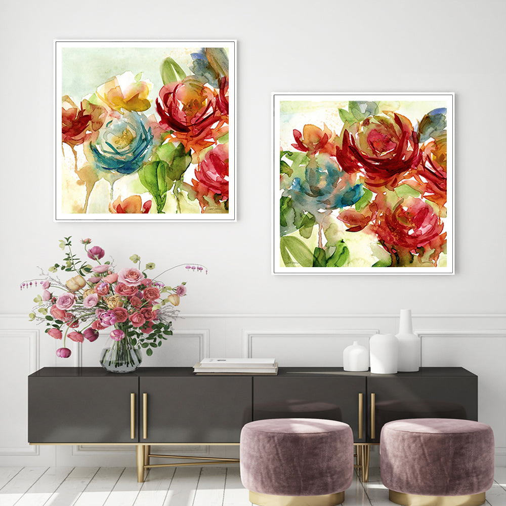 50cmx50cm Charming Rosewater Garden by Carol Robinson 2 Sets White Frame Canvas Wall Art - A Romantic and Elegant Piece of Art for Your Home