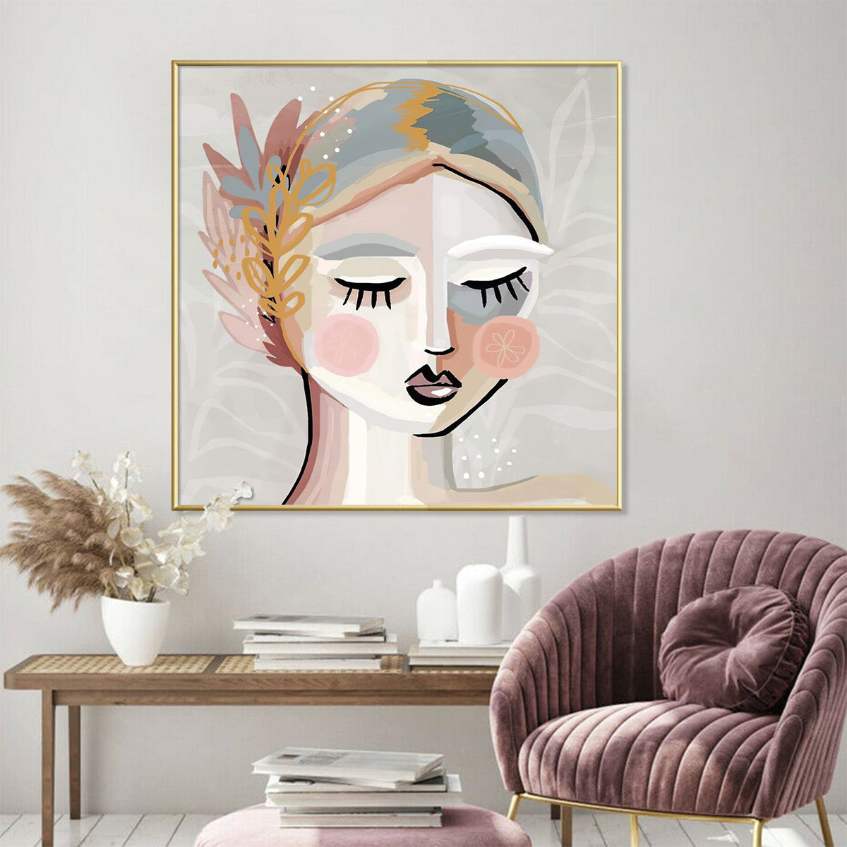 50cmx50cm Calm Girl Gold Frame Canvas Wall Art - A Serene and Relaxing Piece of Art for Your Home