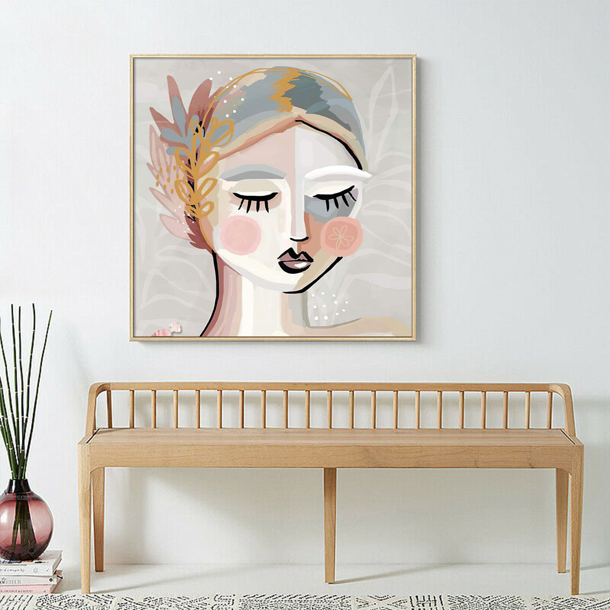 50cmx50cm Calm Girl Gold Frame Canvas Wall Art - A Serene and Relaxing Piece of Art for Your Home