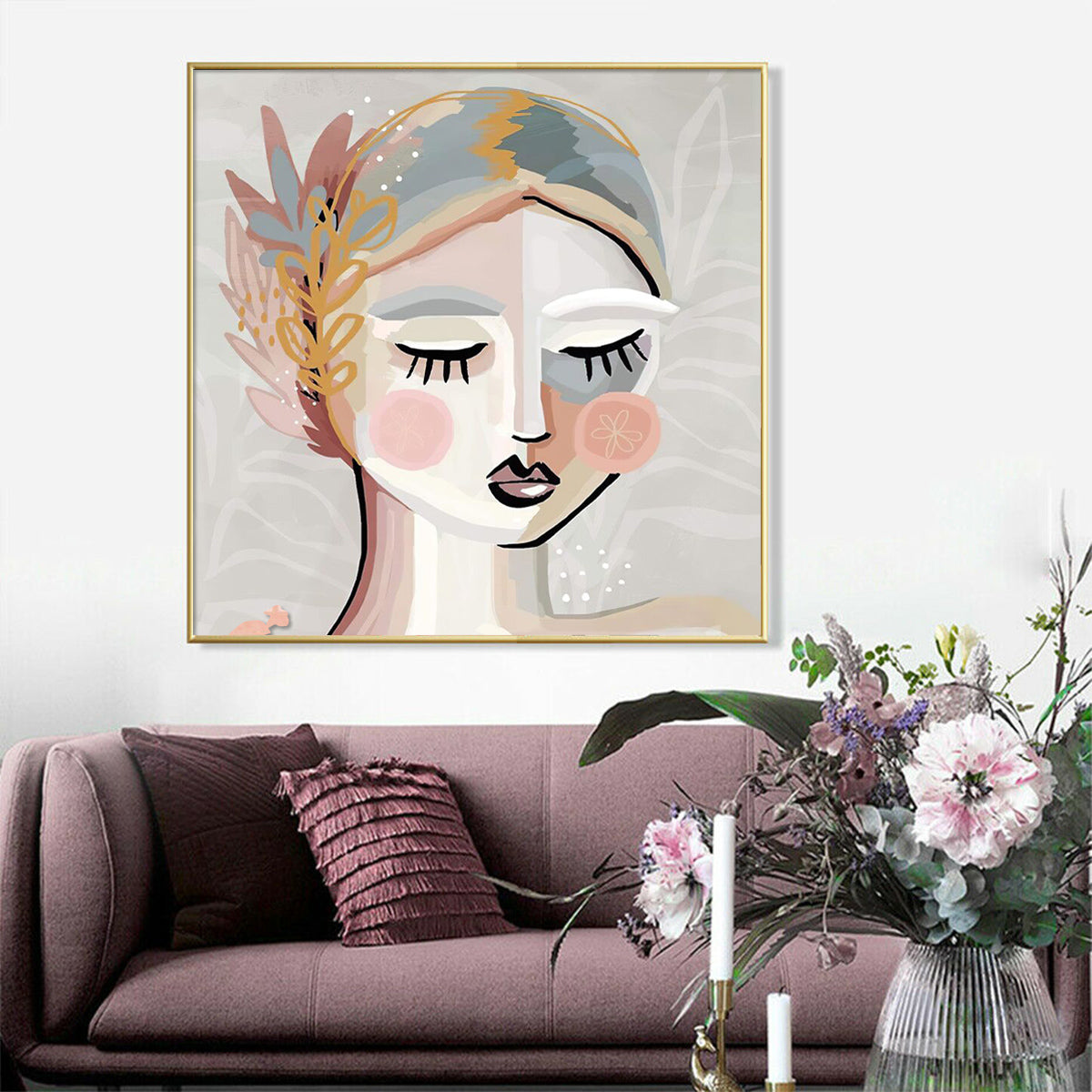 60cmx60cm Calm Girl Gold Frame Canvas Wall Art