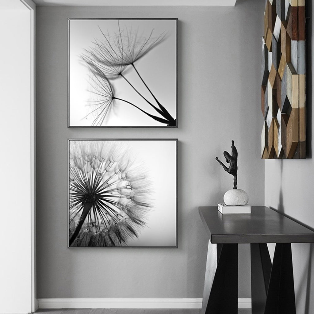 50cmx50cm Black and White Dandelion 2 Sets Black Frame Canvas Wall Art - A Charming and Elegant Piece of Art for Your Home