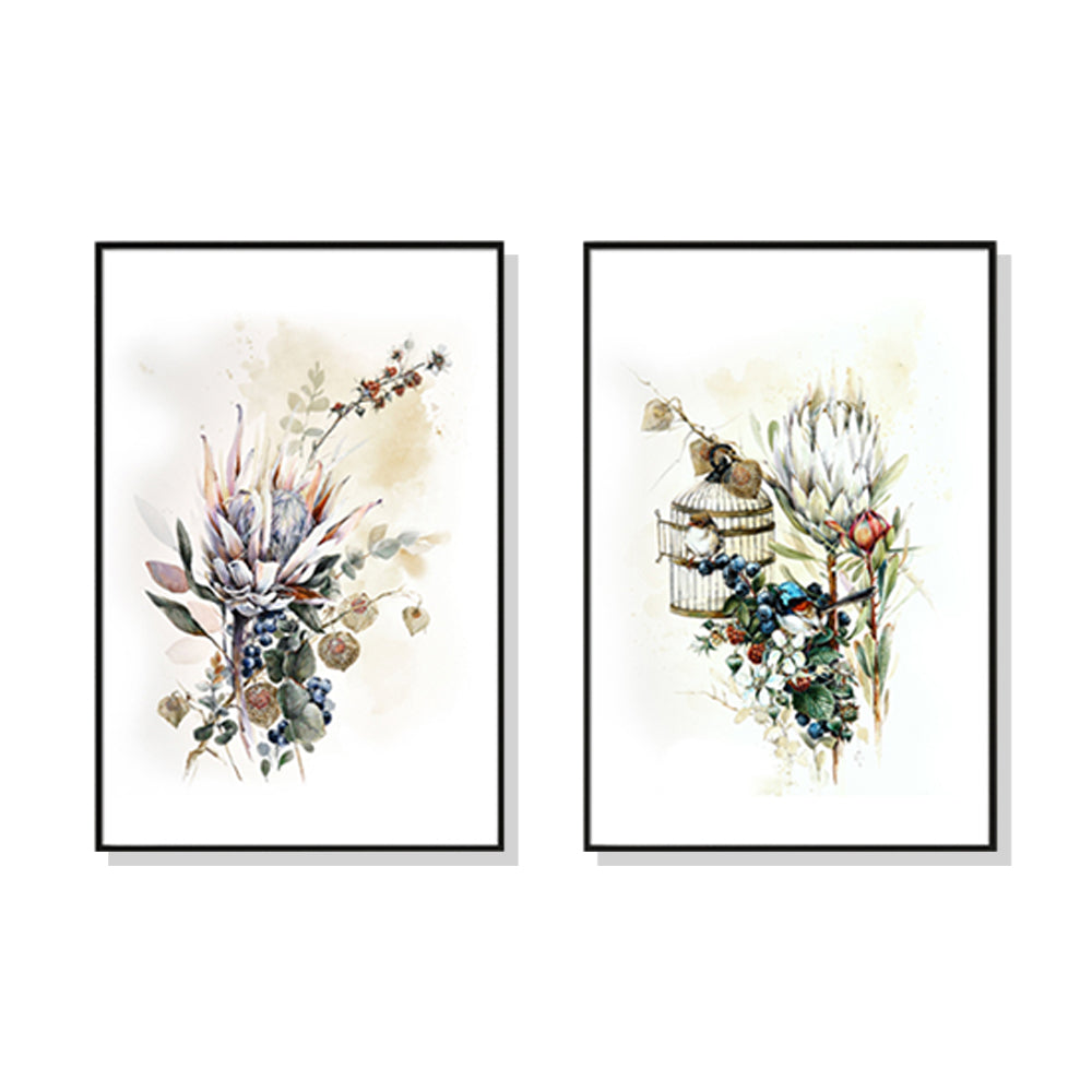 50cm x 70cm Berries and Protea Duo Canvas Wall Art: Botanical 2-Piece Set with Sleek Black Frame for Natural Elegance in Home Decor