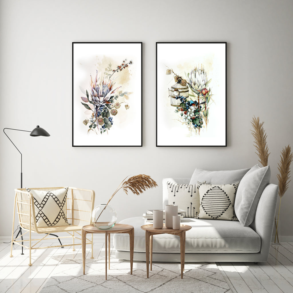 50cm x 70cm Berries and Protea Duo Canvas Wall Art: Botanical 2-Piece Set with Sleek Black Frame for Natural Elegance in Home Decor