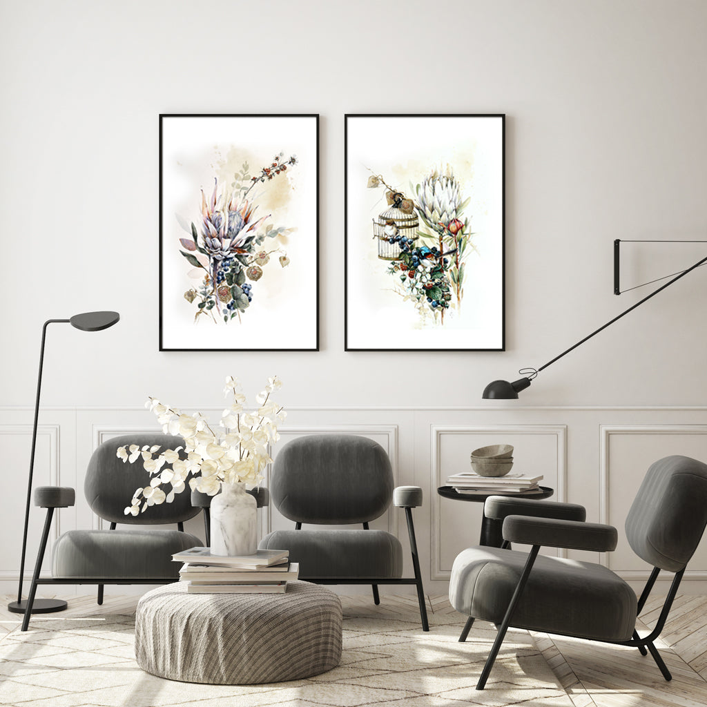 50cm x 70cm Berries and Protea Duo Canvas Wall Art: Botanical 2-Piece Set with Sleek Black Frame for Natural Elegance in Home Decor