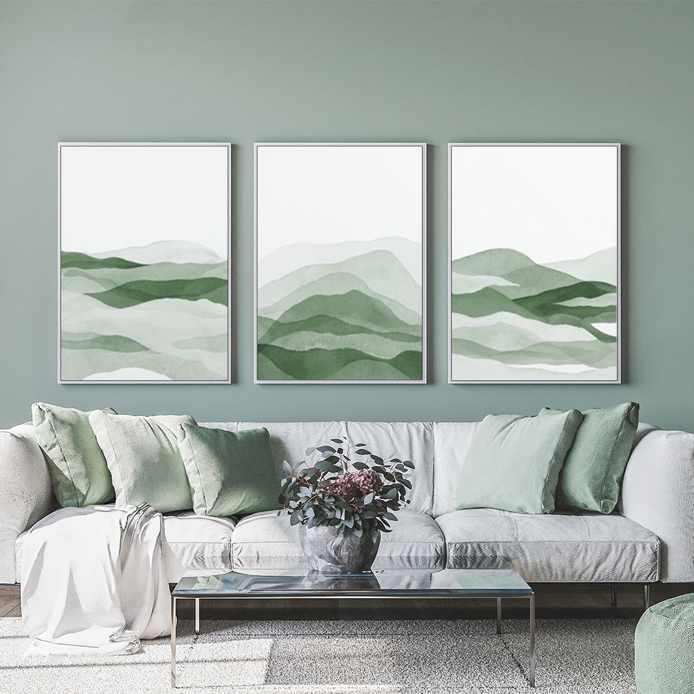 40cmx60cm Sage Green Canvas Wall Art Set of 3 - White Frame - A Stylish and Modern Way to Add a Touch of Nature to Your Home