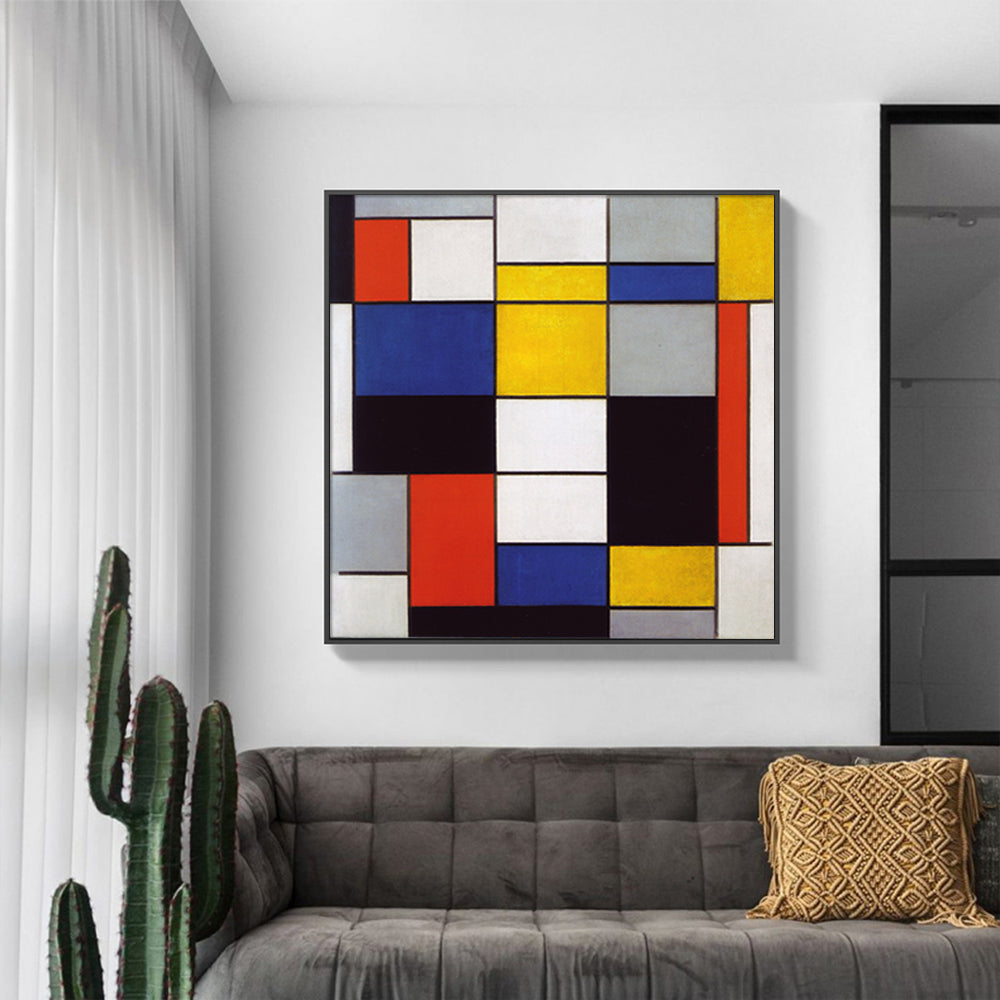 50cmx50cm Large Composition A by Piet Mondrian Black Frame Canvas Wall Art - A Bold and Modern Piece of Art Inspired by the Works of Piet Mondrian