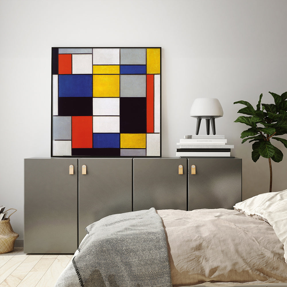 50cmx50cm Large Composition A by Piet Mondrian Black Frame Canvas Wall Art - A Bold and Modern Piece of Art Inspired by the Works of Piet Mondrian