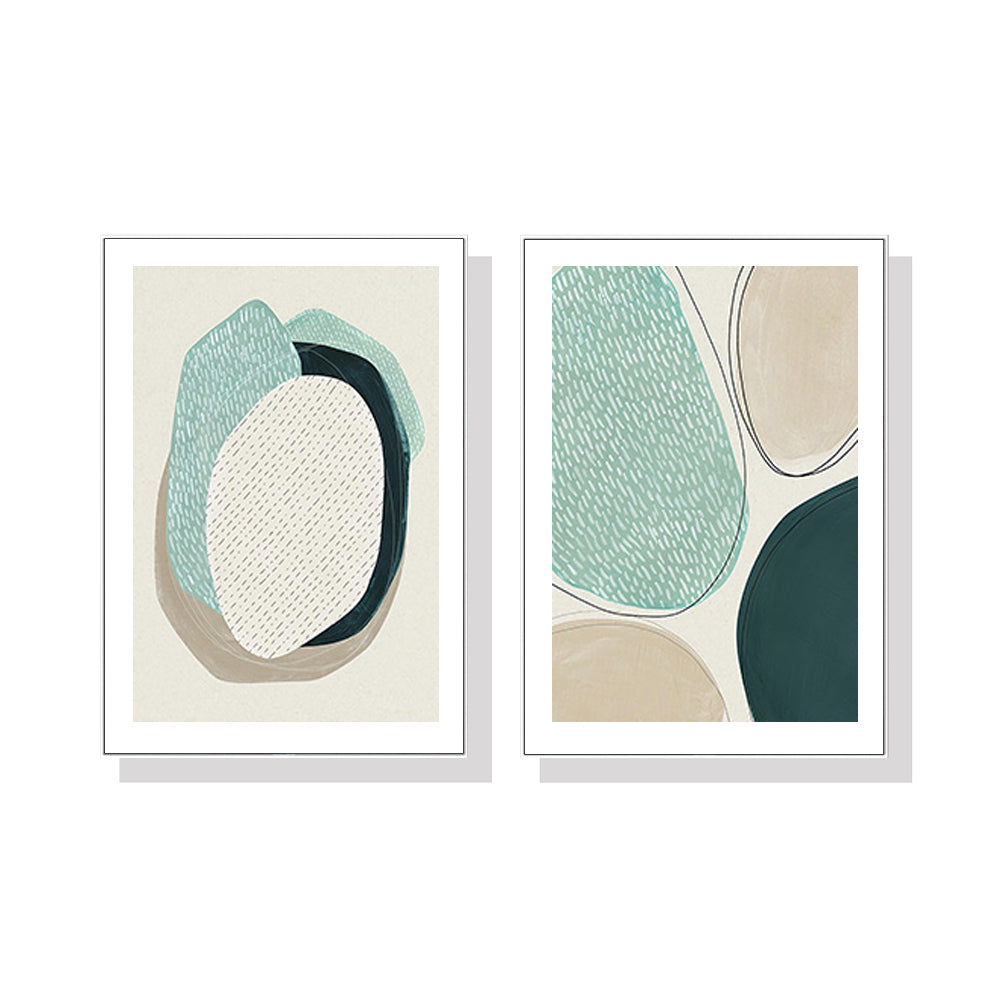 50cm x 70cm Abstract Green Circle Duo Canvas Wall Art: Stylish 2-Piece Set with Pristine White Frame for Contemporary Home Ambiance