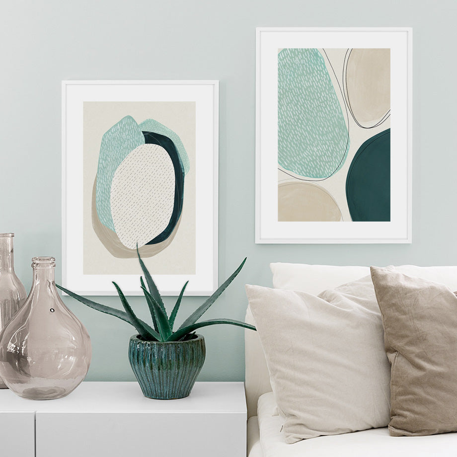 50cm x 70cm Abstract Green Circle Duo Canvas Wall Art: Stylish 2-Piece Set with Pristine White Frame for Contemporary Home Ambiance