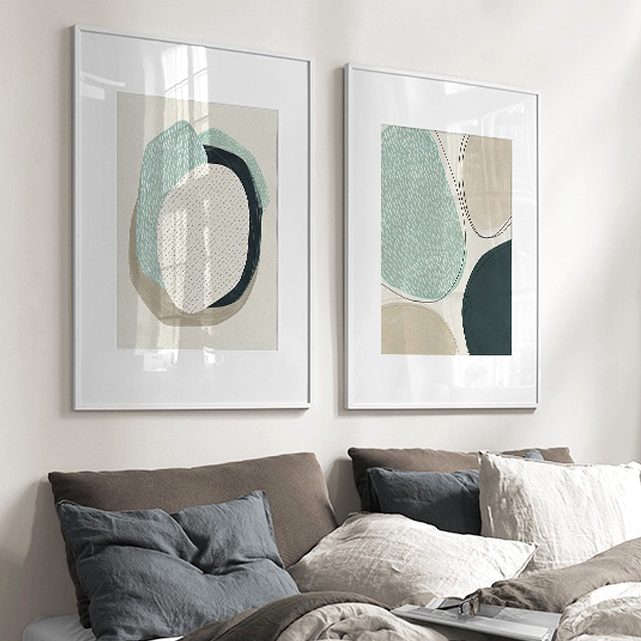 50cm x 70cm Abstract Green Circle Duo Canvas Wall Art: Stylish 2-Piece Set with Pristine White Frame for Contemporary Home Ambiance