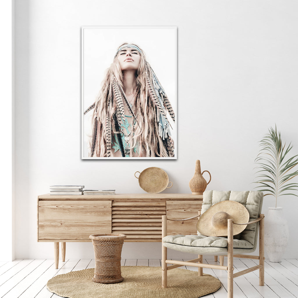 50cmx70cm Boho Girl Canvas Wall Art with White Frame - A Stylish and Bohemian Piece of Art for Your Home