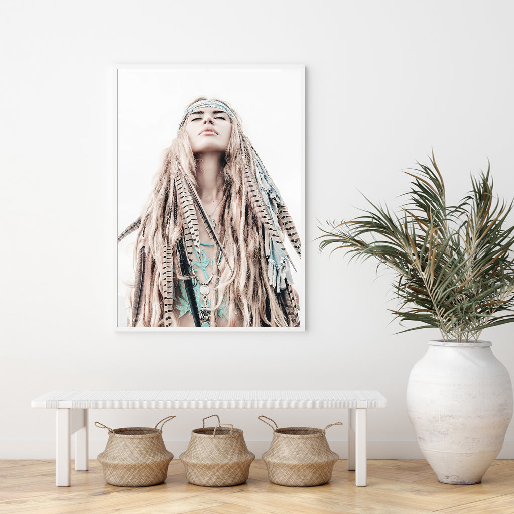 50cmx70cm Boho Girl Canvas Wall Art with White Frame - A Stylish and Bohemian Piece of Art for Your Home