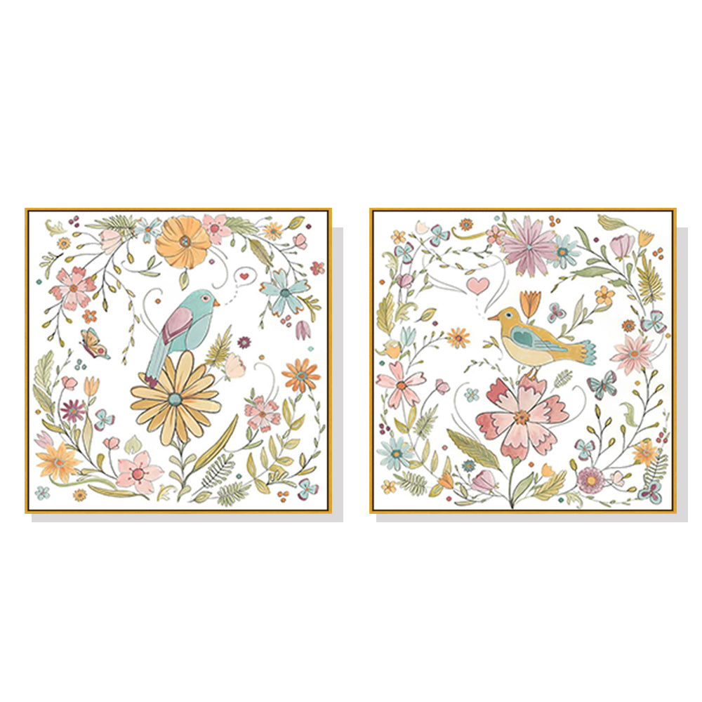 50cmx50cm Floral Birds 2 Sets Gold Frame Canvas Wall Art - A Charming and Elegant Piece of Art for Your Home