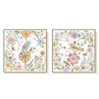 Thumbnail for 50cmx50cm Floral Birds 2 Sets Gold Frame Canvas Wall Art - A Charming and Elegant Piece of Art for Your Home