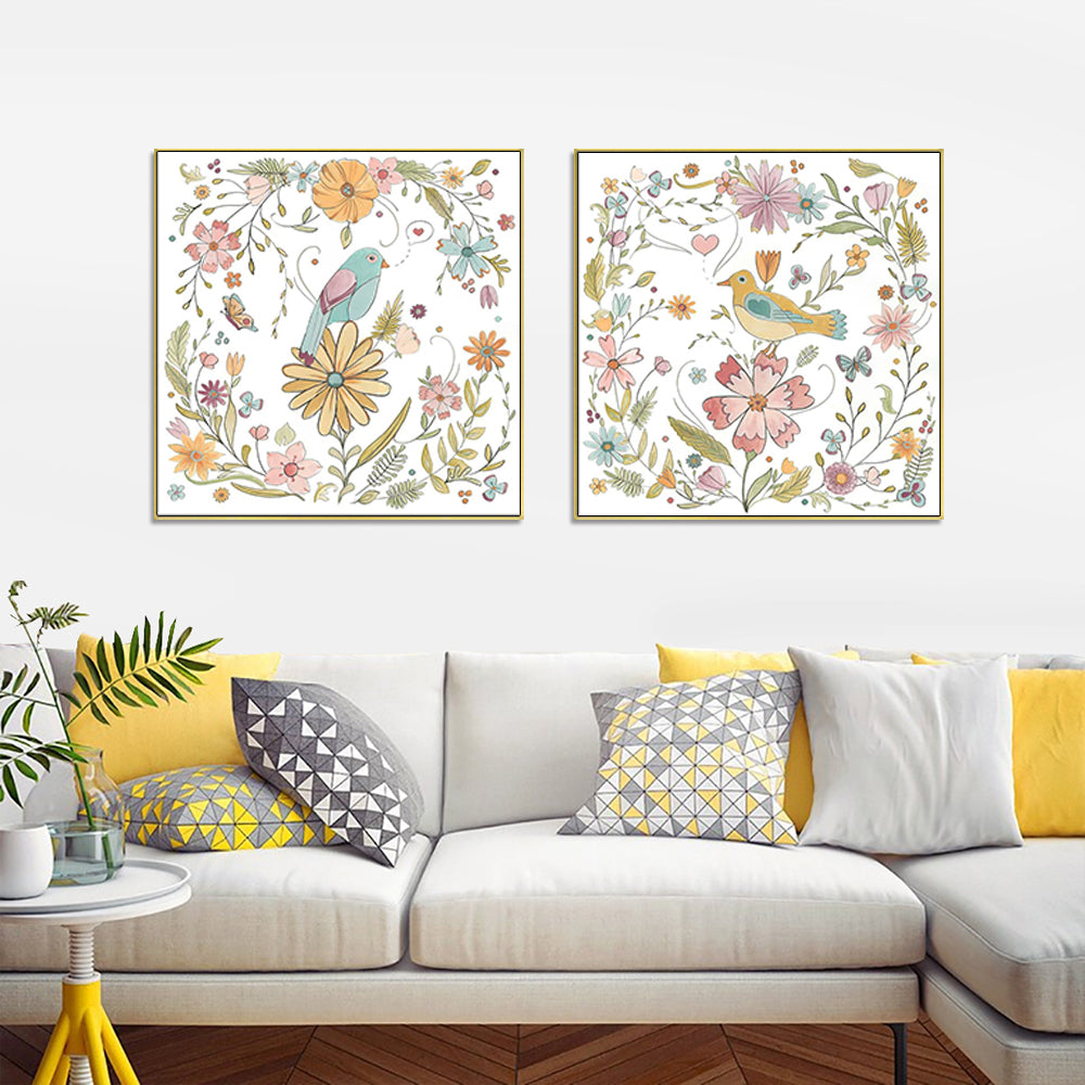 50cmx50cm Floral Birds 2 Sets Gold Frame Canvas Wall Art - A Charming and Elegant Piece of Art for Your Home