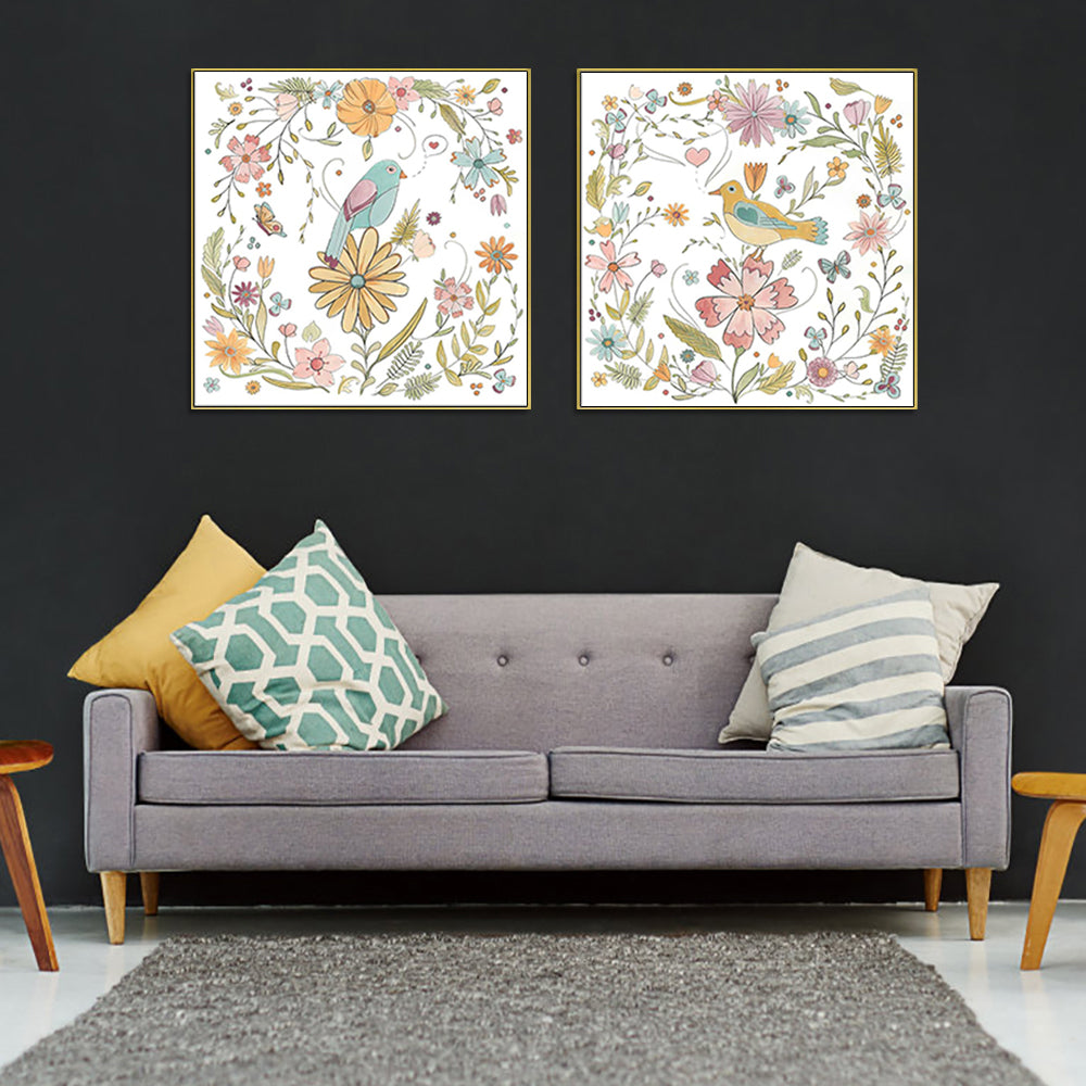 50cmx50cm Floral Birds 2 Sets Gold Frame Canvas Wall Art - A Charming and Elegant Piece of Art for Your Home