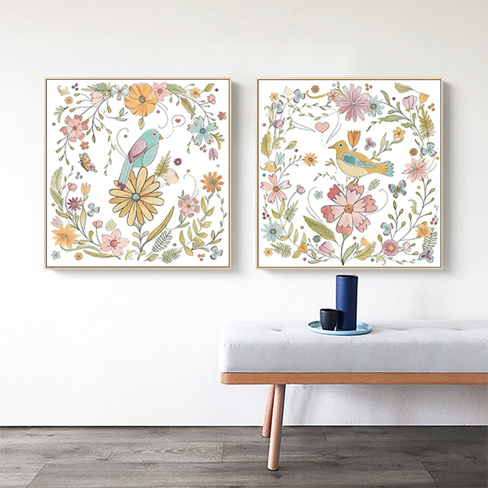 50cmx50cm Floral Birds 2 Sets Gold Frame Canvas Wall Art - A Charming and Elegant Piece of Art for Your Home