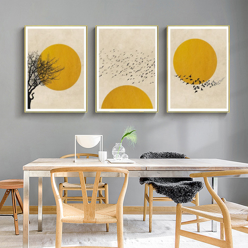 50cmx70cm Flock Of Birds Sun Silhouette 3 Sets Gold Frame Canvas Wall Art