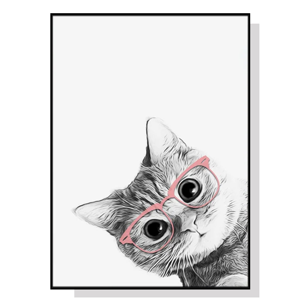 50cm x 70cm Cat With Glasses Canvas Wall Art: Quirky Feline Portrait with Sleek Black Frame for Playful Home Decor Charm