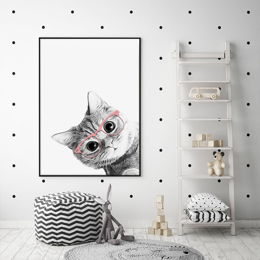 50cm x 70cm Cat With Glasses Canvas Wall Art: Quirky Feline Portrait with Sleek Black Frame for Playful Home Decor Charm