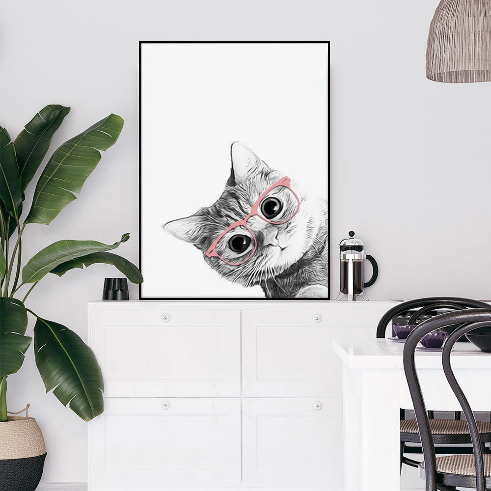 50cm x 70cm Cat With Glasses Canvas Wall Art: Quirky Feline Portrait with Sleek Black Frame for Playful Home Decor Charm