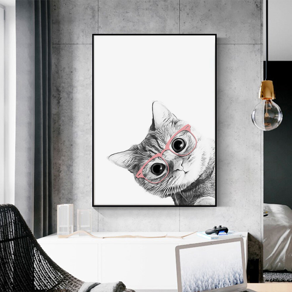 50cm x 70cm Cat With Glasses Canvas Wall Art: Quirky Feline Portrait with Sleek Black Frame for Playful Home Decor Charm